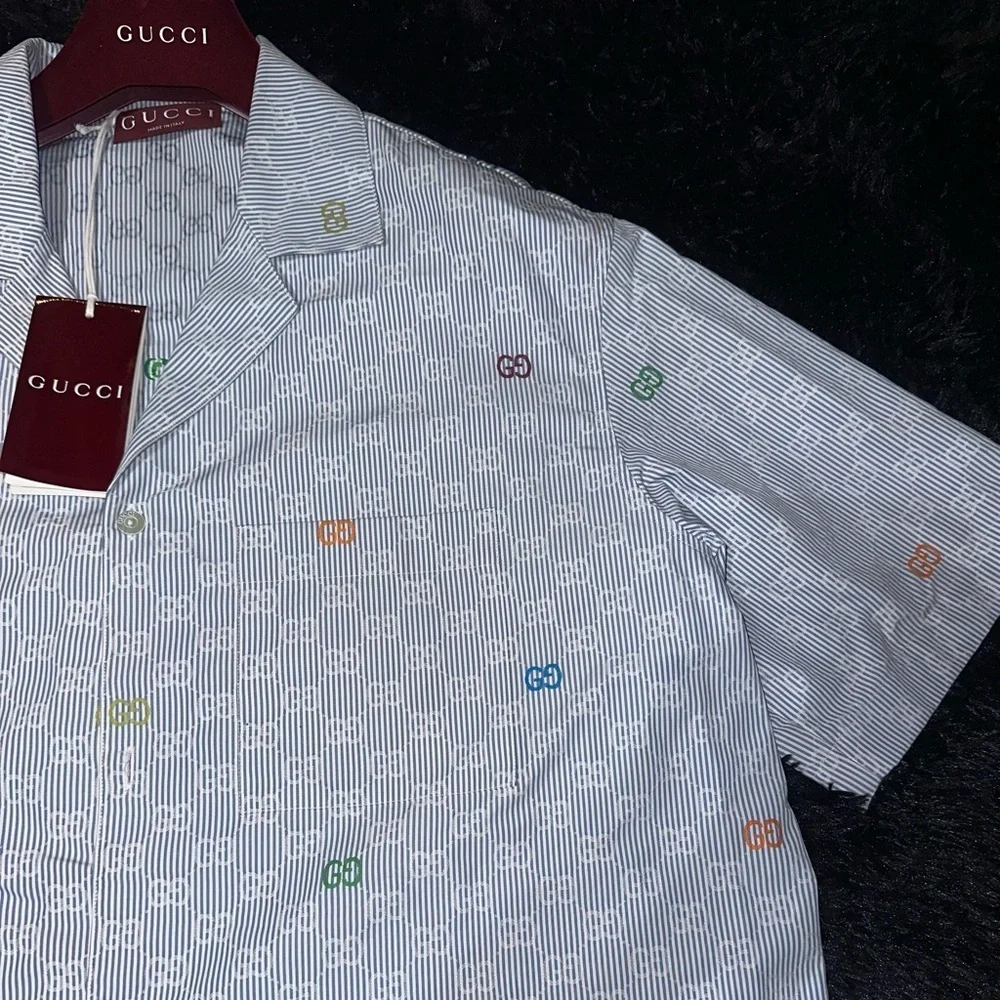 Gucci Blue Striped Short Sleeves Cotton Bowling Shirt